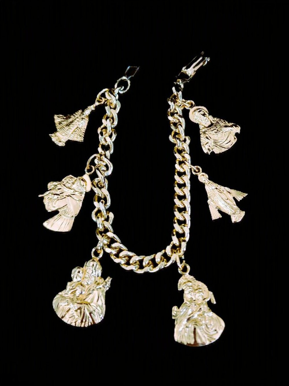 Vintage Germany Gold Plated Nickel Silver Catholic Saint 6 Charm Bracelet 6.5”